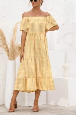 Summer New Plus Size 5 Colors Checked Batch Printing Stretch Off Shoulder Smocked Ruffled Decor Stylish Midi Dress Wholesale Midi Dresses