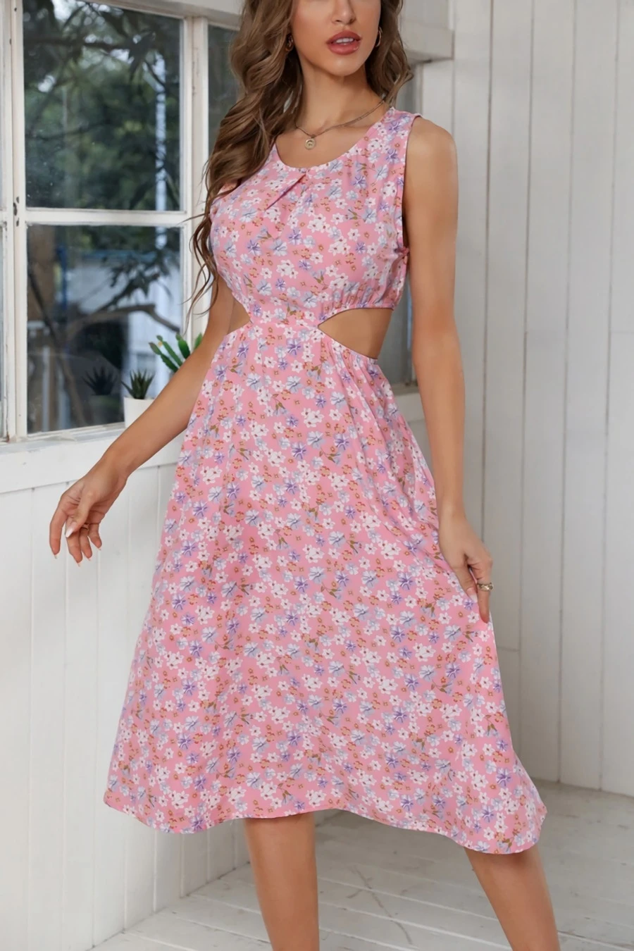 Summer New 3 Colors Chiffon Floral Batch Printing Micro-elastic Strappy Hollow Shirring Swing Stylish Bohemian Midi Dress Wholesale