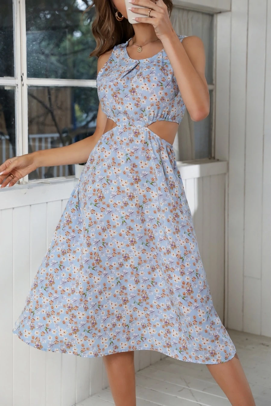 Summer New 3 Colors Chiffon Floral Batch Printing Micro-elastic Strappy Hollow Shirring Swing Stylish Bohemian Midi Dress Wholesale - Image 17