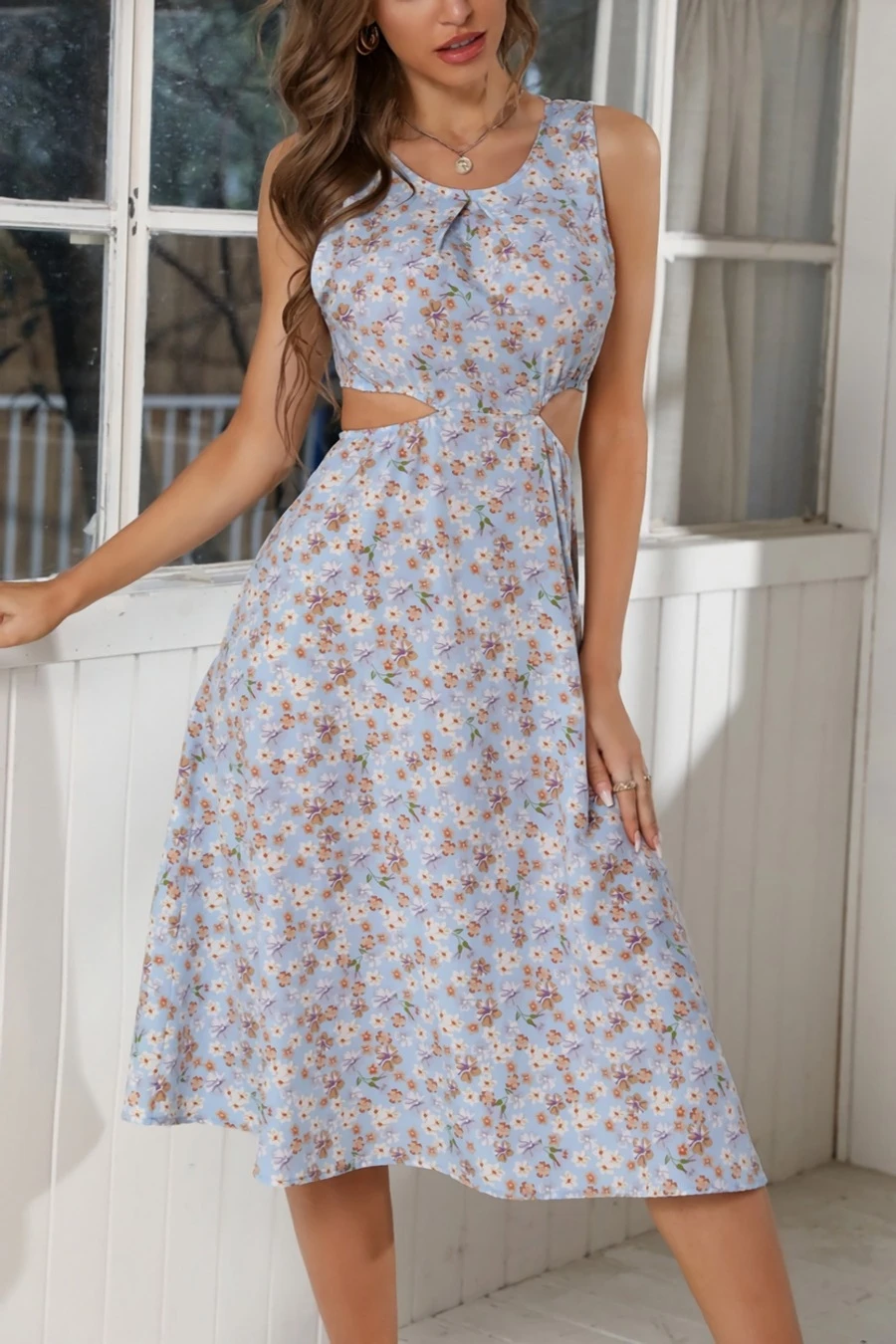 Summer New 3 Colors Chiffon Floral Batch Printing Micro-elastic Strappy Hollow Shirring Swing Stylish Bohemian Midi Dress Wholesale - Image 19