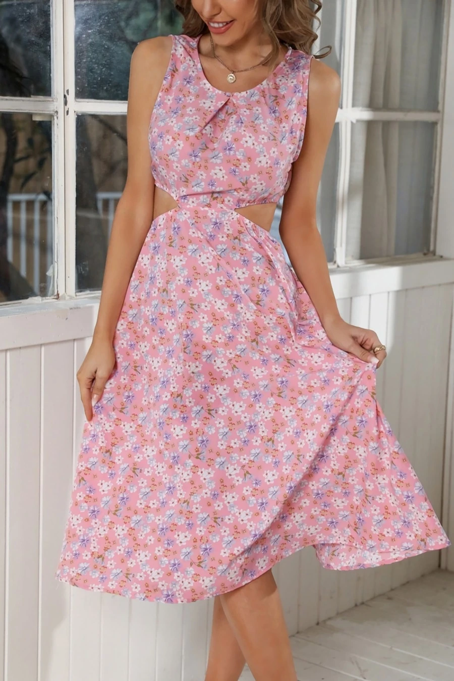 Summer New 3 Colors Chiffon Floral Batch Printing Micro-elastic Strappy Hollow Shirring Swing Stylish Bohemian Midi Dress Wholesale - Image 2