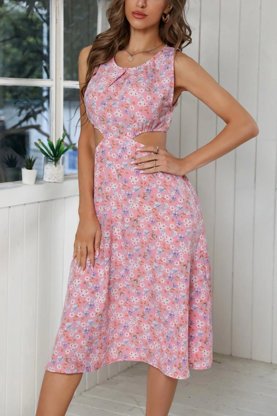 Summer New 3 Colors Chiffon Floral Batch Printing Micro-elastic Strappy Hollow Shirring Swing Stylish Bohemian Midi Dress Wholesale - Image 5