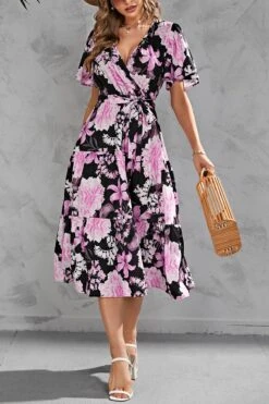 Summer New Plus Size Floral Batch Printing Inelastic V Neck Cross Design Tie-waist Ruffle Swing Stylish Holiday Midi Dress(with Belt) Wholesale Midi Dresses