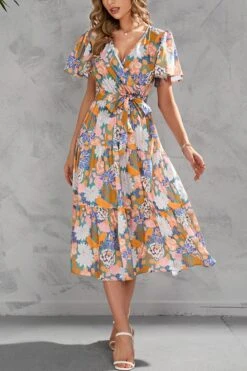 Summer New Plus Size Floral Batch Printing V Neck Ruffle Tie-waist Swing Stylish Holiday Midi Dress(with Belt) Wholesale Midi Dresses