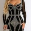 S-3XL Plus Size Summer New Stylish Rhinestone See-through Mesh Long Sleeve Low-cut Stretch Slim Sexy Mini Dress Wholesale Sexy Dresses