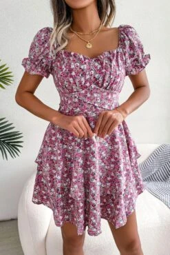 Summer New Stylish 3 Colors Inelastic Floral Batch Printing Square Neckline Lace-up Ruffle Casual Mini Dress Wholesale