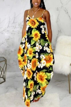 S-3XL Summer New Plus Size Two Colors Allover Sunflower Batch Printing Stretch Sling Pockets Loose Stylish Casual Maxi Dress Wholesale