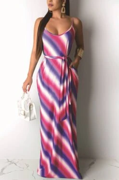 S-3XL Summer New Plus Size Two Colors Stripe Tie Dye Printing Stretch Sling Pockets Floor Length Loose Stylish Casual Maxi Dress With Belt Wholesale Maxi&Gown