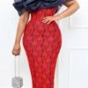 S-3XL Summer New Plus Size 3 Colors Lace Mesh Patchwork Stretch Off-the-shoulder Smocked Zip-up Slit Bodycon Stylish Elegant Midi Dress Wholesale Sexy Dresses