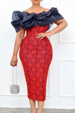 S-3XL Summer New Plus Size 3 Colors Lace Mesh Patchwork Stretch Off-the-shoulder Smocked Zip-up Slit Bodycon Stylish Elegant Midi Dress Wholesale Sexy Dresses