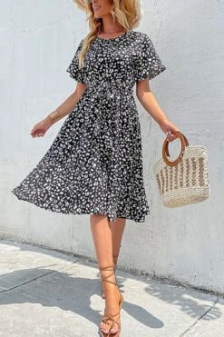 Summer New Stylish Inelastic Leopard Printing Short Sleeves Zip-up With Belt Casual Midi Dress Wholesale