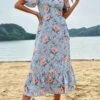 Summer New Stylish Inelastic Flower Printing V-neck Lace-up Short Sleeves Casual Midi Dress Wholesale
