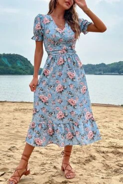 Summer New Stylish Flower Batch Printing Micro Elastic Short Sleeves V-neck Button Casual Midi Dress Wholesale
