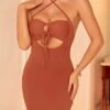 Summer New 2 Colors Solid Color Stretch Double Layer Halter-neck Hollow Lace Up Bodycon Stylish Sexy Mini Dress Wholesale