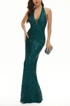 S-2XL Summer New Plus Size 4 Colors Sequin Decor Mesh Patchwork Lining Design Stretch Halter-neck Zip-up Fishtail Elegant High Quality Maxi Dress Wholesale