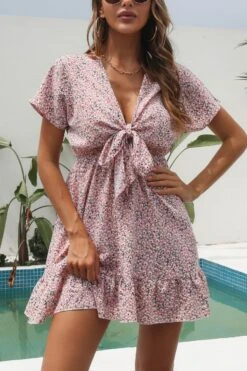 Summer New Three Colors Non-stretch V-neck Knotted Short Sleeves Stylish Vacation Style Mini Dress Wholesale