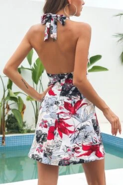 Summer New Allover Flower Batch Printing Inelastic Deep V Halter-neck Tied Sexy Vacation Style Mini Dress Wholesale