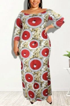 L-5XL Plus Size Spring New Stretch Batch Printing Three Quarter Sleeves Off-the-shoulder Loose Casual Maxi Dress Wholesale Maxi&Gown