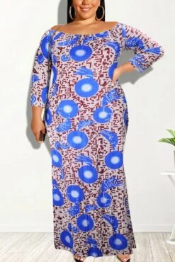L-5XL Plus Size Spring New Batch Printing Stretch Three Quarter Sleeves Off-the-shoulder Loose Casual Maxi Dress Wholesale Maxi&Gown