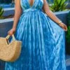 S-3XL Plus Size New 3 Colors Tie-dye Batch Printing Inelastic Halter-neck Lace Up Shirring Swing Stylish Sexy Maxi Dress Wholesale Maxi&Gown