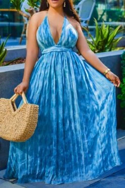 S-3XL Plus Size New 3 Colors Tie-dye Batch Printing Inelastic Halter-neck Lace Up Shirring Swing Stylish Sexy Maxi Dress Wholesale Maxi&Gown