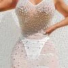 S-2XL Plus Size Summer New 2 Colors Pearl Decor Mesh See-through Stretch Strappy Backless Bodycon Stylish Sexy Mini Dress(without Lining) Wholesale