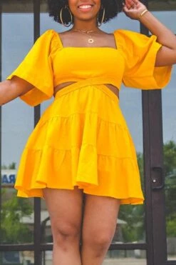 S-2XL Plus Size Summer New Solid Color Inelastic Short Sleeve Square Neck Ruffle Smocked Hollow Stylish Sexy Mini Dress Wholesale