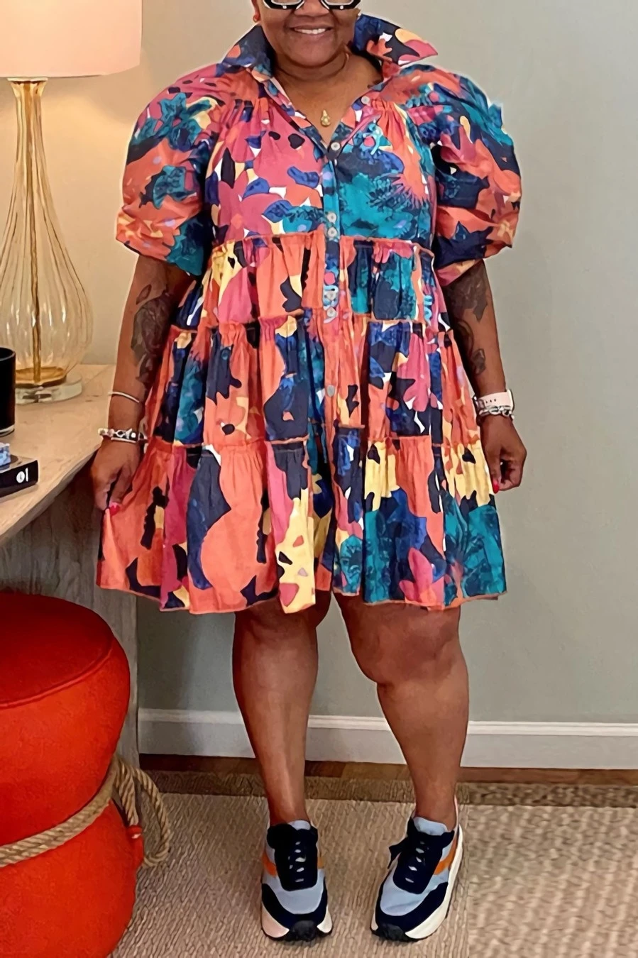XL-5XL Plus Size Summer New Stylish 4 Colors Graffiti Batch Printing Slight stretch Single Breasted Loose Pleated Casual Midi Dress Wholesale - Image 12