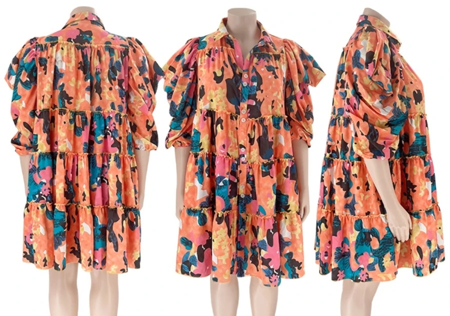 XL-5XL Plus Size Summer New Stylish 4 Colors Graffiti Batch Printing Slight stretch Single Breasted Loose Pleated Casual Midi Dress Wholesale - Image 14