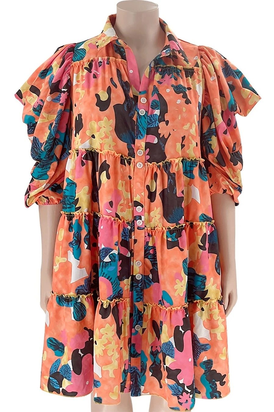 XL-5XL Plus Size Summer New Stylish 4 Colors Graffiti Batch Printing Slight stretch Single Breasted Loose Pleated Casual Midi Dress Wholesale - Image 15