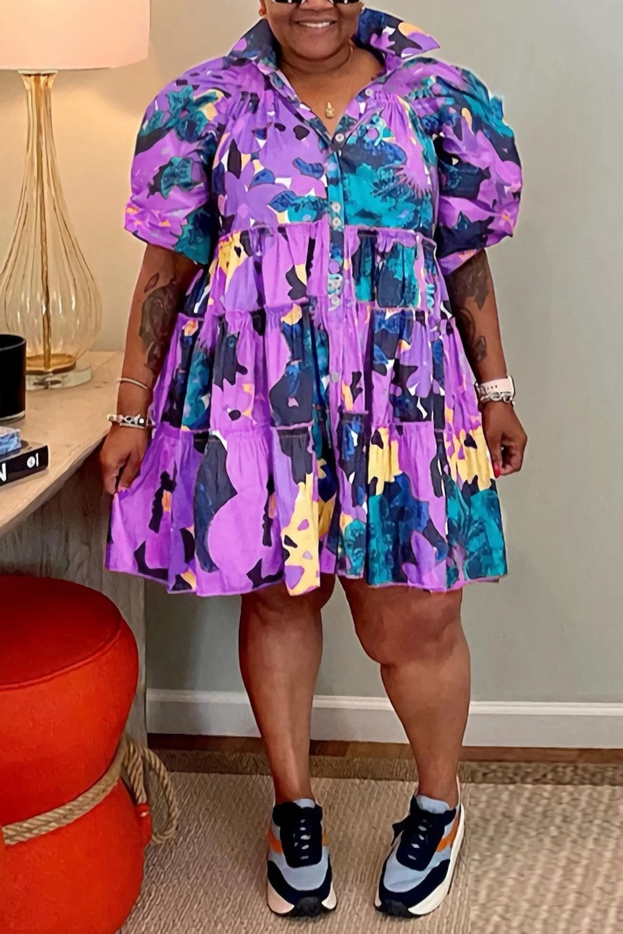 XL-5XL Plus Size Summer New Stylish 4 Colors Graffiti Batch Printing Slight stretch Single Breasted Loose Pleated Casual Midi Dress Wholesale - Image 3
