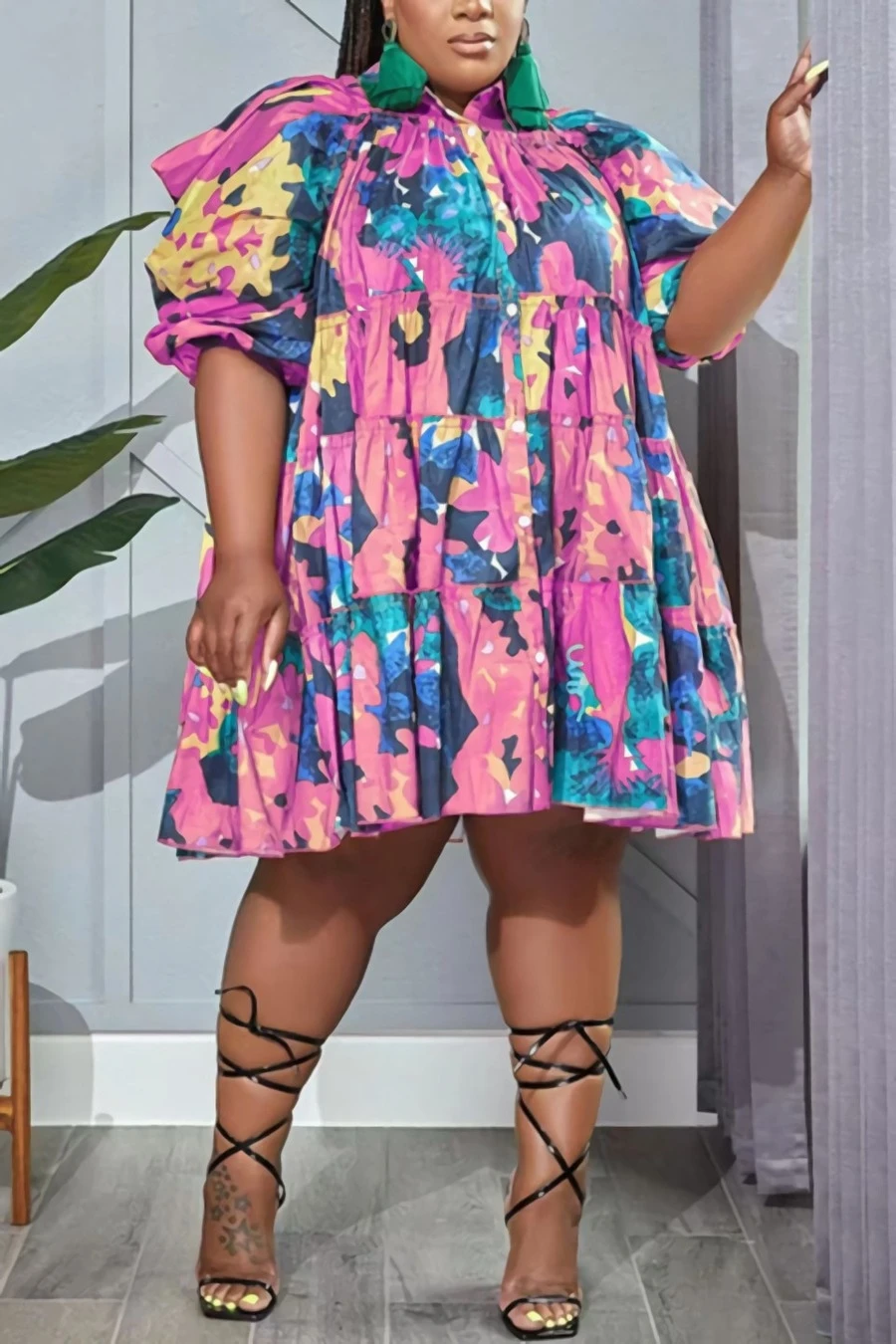 XL-5XL Plus Size Summer New Stylish 4 Colors Graffiti Batch Printing Slight stretch Single Breasted Loose Pleated Casual Midi Dress Wholesale - Image 4