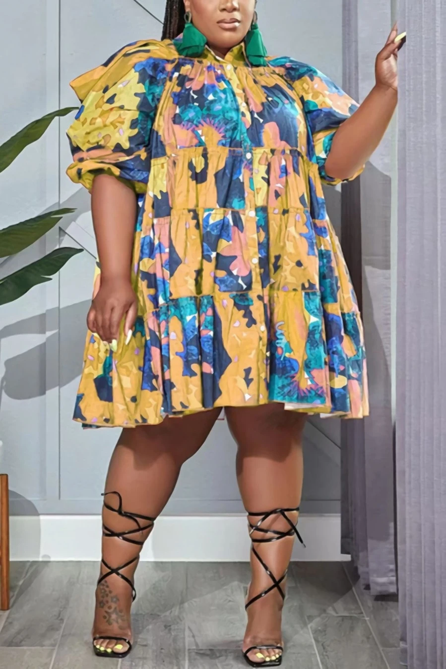 XL-5XL Plus Size Summer New Stylish 4 Colors Graffiti Batch Printing Slight stretch Single Breasted Loose Pleated Casual Midi Dress Wholesale - Image 7