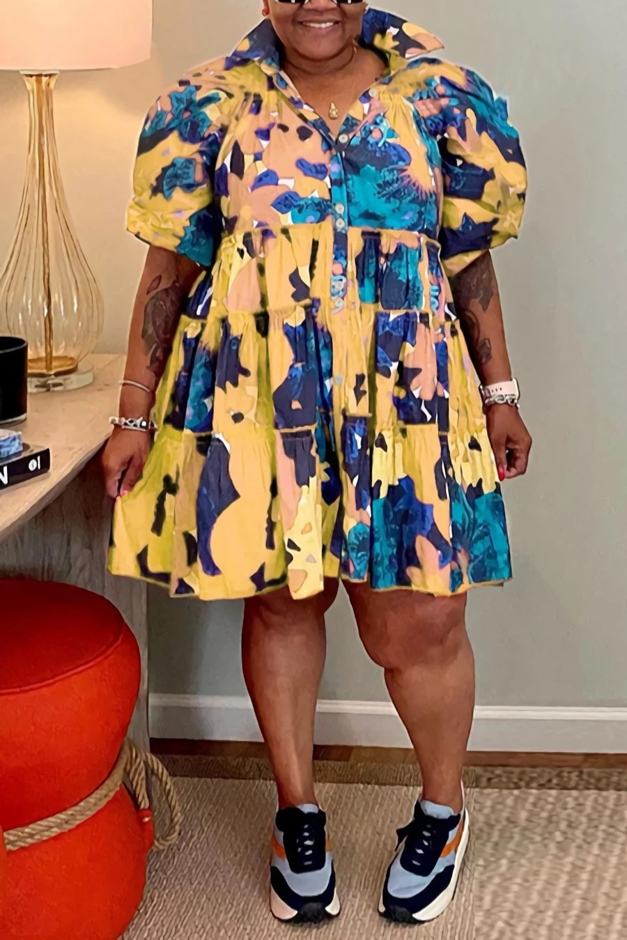 XL-5XL Plus Size Summer New Stylish 4 Colors Graffiti Batch Printing Slight stretch Single Breasted Loose Pleated Casual Midi Dress Wholesale - Image 9