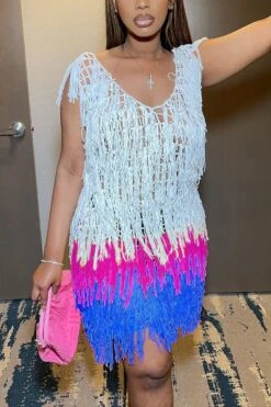 S-2XL Plus Size Summer New 5 Colors Crochet Gradient Color Stretch Strappy Tassel Hollow Lace Up Stylish Sexy Mini Dress Wholesale