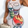 S-2XL Plus Size Summer New Mesh See-through Abstract Batch Printing Stretch Sleeveless Bodycon Stylish Sexy Mini Dress Wholesale