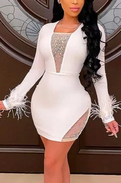 Autumn New Mesh Patchwork Stretch Long Sleeve Rhinestone Feather Decor Bodycon Stylish High Quality Sexy Mini Dress Wholesale