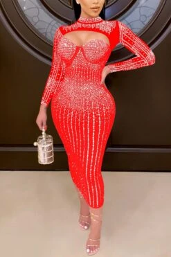 S-2XL Plus Size Spring & Summer New 4 Colors Mesh Patchwork Stretch Hollow Long Sleeve Rhinestone Decor Zip-up Bodycon Stylish High Quality Sexy Midi Dress Wholesale Plus-Size Dresses