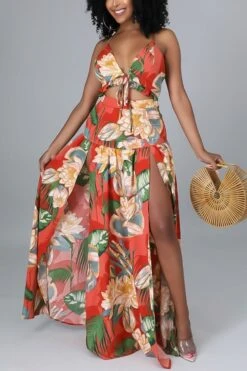 S-2XL Plus Size Summer New Inelastic Floral Batch Printing Hollow Lace-up Crossed Sling High Split Sexy Maxi Dress Wholesale Plus-Size Dresses