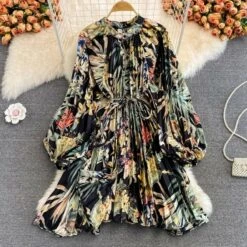 Autumn New Stylish Flower And Leaf Printing Crew Neck Button Puff Long Sleeve Inelastic High Quality Casual Midi Dress Wholesale Floral Dresses