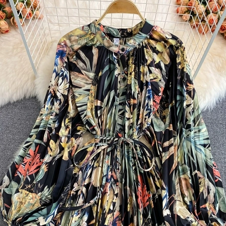 Autumn New Stylish Flower And Leaf Printing Crew Neck Button Puff Long Sleeve Inelastic High Quality Casual Midi Dress Wholesale Floral Dresses - Image 2