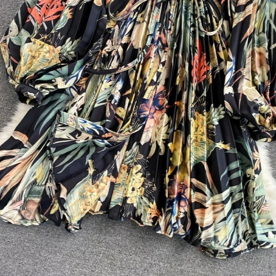 Autumn New Stylish Flower And Leaf Printing Crew Neck Button Puff Long Sleeve Inelastic High Quality Casual Midi Dress Wholesale Floral Dresses - Image 3