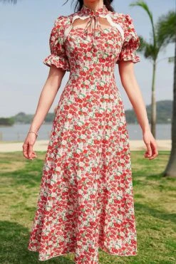 Summer New Stylish 5 Colors Floral Batch Printing Lace Up Hollow Zip-up Chiffon Non-stretch Casual Midi Dress Wholesale Floral Dresses