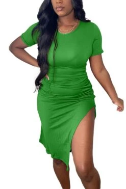 S-2XL Plus Size Summer New 4 Colors Stretch Short Sleeves Drawstring Split Sexy Midi Dress Wholesale Plus-Size Dresses