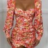 Autumn New Two Colors Floral Printing Slight Stretch Satin Square-neck Backless Zip-up Shirring Sexy Mini Dress Wholesale Mini Dresses