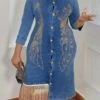 Early Autumn New Stylish Rhinestone Tassel Single Breasted Slight stretch Three-quarter Sleeve Plus Size High quality Casual Denim Midi Dress Wholesale