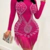 Spring & Summer New Plus Size 4 Colors Rhinestone Decor Mesh See-through Stretch Long Sleeve Tassel Zip-up Stylish Sexy Nightclub Midi Dress Wholesale
