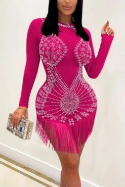 Spring & Summer New Plus Size 4 Colors Rhinestone Decor Mesh See-through Stretch Long Sleeve Tassel Zip-up Stylish Sexy Nightclub Midi Dress Wholesale