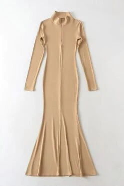 Autumn New 7 Colors Stretch Ribbed Knitted Long Sleeves Zip-up Slim Stylish Fishtail Maxi Dress Wholesale Maxi&Gown