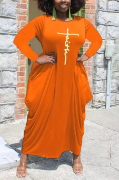 L-5XL Plus Size Autumn New Stylish Nine Colors Letter Printing Crew Neck Long Sleeve Slight Stretch Casual Maxi Dress Wholesale Maxi&Gown